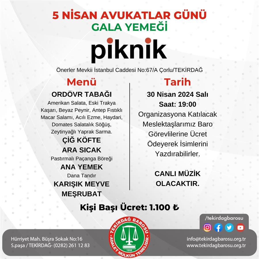 Tekirdağ Barosu 5 Nisan Avukatlar Günü Gala Yemeği